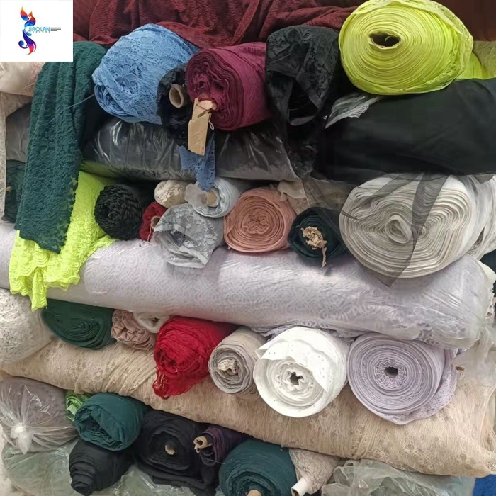 Stock lot fabric mixed bale nylon polyester kg knitted white cheap africa lace fabric curtains for women