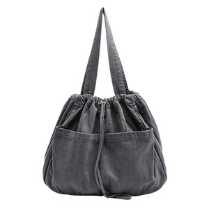 Sac fourre-tout en toile noir personnalisable pour femme, grande capacité, avec poche en coton, fermeture à cordon et poignée - Product Image 1