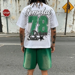 เสื้อยืดคุณภาพสูงทรงดรอปโชลเดอร์และกางเกงขาสั้นลายฟอกสี ชุดเซ็ต 2 ชิ้น เสื้อยืดผู้ชายลายกราฟิกทรงโอเวอร์ไซส์ผ้าฝ้ายสั่งทำพิเศษ - Product Image 2