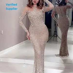 Vestido de noche de lentejuelas de manga larga para fiesta, vestidos formales de mujer de encaje elegante y talla grande 2XL