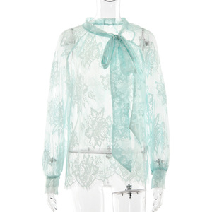 Sheer Lace <b>Tie</b> Neck Long Sleeve Top Solid Color Chiffon Women's Street Style Fashion T-Shirt - Product Image 5