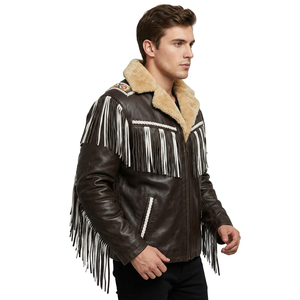 Men Brown <b>Leather</b> Western Fringe <b>Jacket</b> with Fur Collar Beaded Cowboy Genuine <b>Leather</b> Coat with White Tassels - Product Image 3