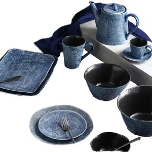 Modern Cartoon <b>Dinnerware</b> <b>Sets</b> Nordic Denim Textured Tableware Creative Salad Bowl Dinner Plates Blue Ceramic Dishwasher Safe - Product Image 1