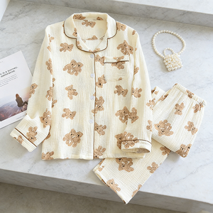 Pigiama <span class=keywords><strong>da</strong></span> donna in <span class=keywords><strong>cotone</strong></span> con elastico in vita, traspirante, in crêpe, con risvolto, per casa, stile estivo e invernale, per dormire e rilassarsi - Product Image 2