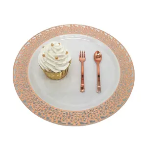 Designer Rose Gold Lace Rimmed Plate For Wedding Party Plastic Round White Plates With Gold Lace Plate Set