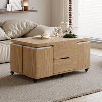 Vente en gros de table basse naturelle moderne 4 en 1 avec pouf de rangement pliable et roulettes