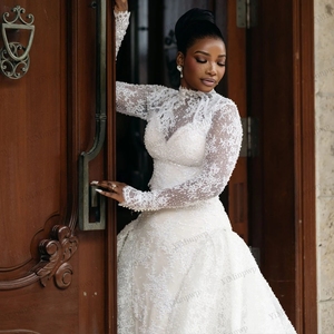 Abiti da sposa a sirena in pizzo con perline, stile africano, collo alto, applicazioni, maniche lunghe, abiti da sposa con bottoni sul retro, personalizzabili per fuga in matrimonio - Product Image 5