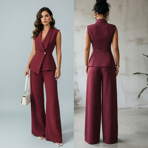Y9661 Costumes tendance d'été pour femmes, vêtements de bureau, blazer sans manches et pantalon large, ensemble élégant de blazer, 2 pièces, tenues pour femmes - Product Image 5