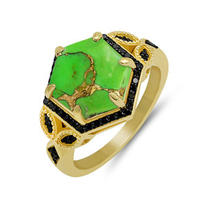 Bague de luxe pour femme en argent sterling 925 plaqué or flash avec rhodium noir, turquoise verte, spinelle noire, pour mariage et soirée - Product Image 5