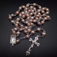 Bracelets religieux chrétien pour femmes vierge marie jésus croix pendentif Long collier perle d'eau douce prière chapelet perles