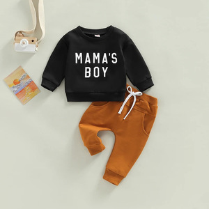 Conjunto de 2 piezas para <span class=keywords><strong>bebés</strong></span> y niños pequeños, sudadera de manga larga con cuello redondo y estampado de letras MAMA'S BOY y conjunto de jogger con cordón - Product Image 5