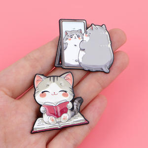 可爱猫看书珐琅别针卡通小猫心照镜子喝奶茶胸针翻领背包徽章 - Product Image 3