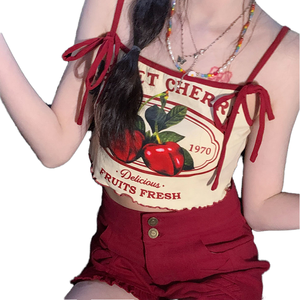 Women's Summer Slim Fit Strap Crop <b>Top</b> Letter <b>Cherry</b> Print Lace-Up Knitted Camisole Halter Breathable Fashion Sexy Clubwear - Product Image 1