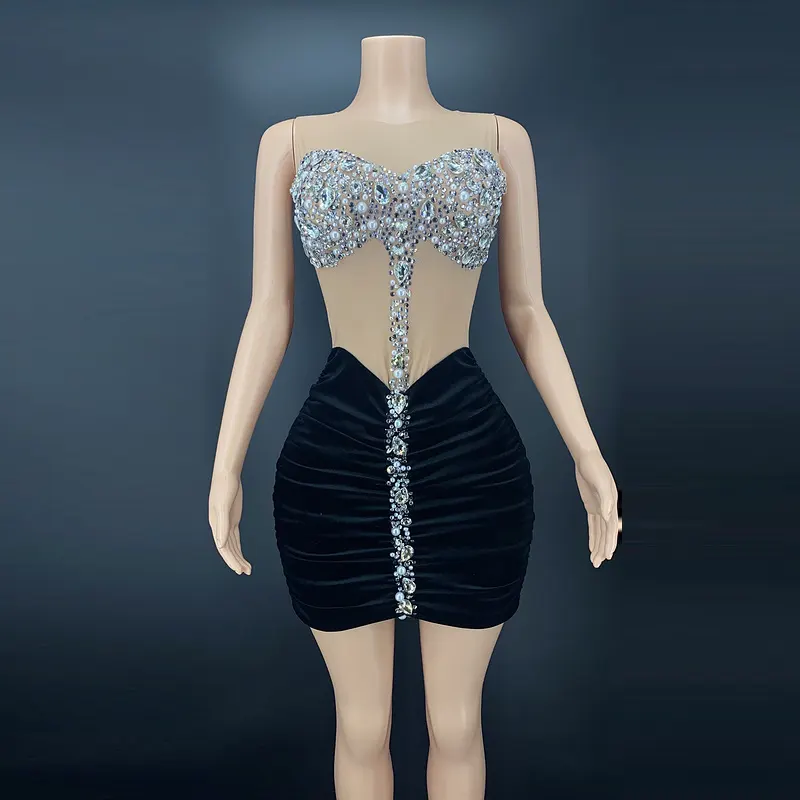Black Crystal Diamond Patchwork Velvet Dress Social Birthday Traditional Party Dress