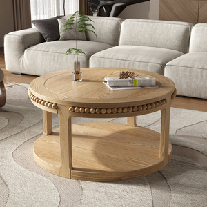 Round Solid Wood Coffee <b>Table</b> 31.5 Inch Two Tier Thickened Top Sturdy Legs Living Room Circle <b>Table</b> - Product Image 4
