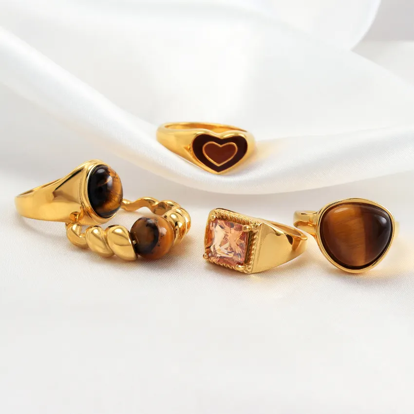 Vintage Amber Leopard Chunky Dome Ring Sets Waterproof Jewelry Enamel Heart Ring Stainless Steel Cubic Zircon Brown Stone Ring