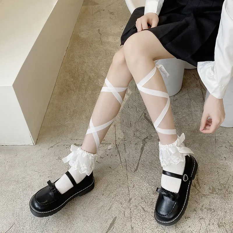 Calcetines finos de encaje con tirantes de Lolita para primavera y verano, calcetines de moda de tubo medio para mujer, calcetines japoneses bonitos de encaje de princesa para niña