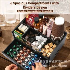 Wooden Coffee Storage <b>Box</b> Double Layer With Drawer For Capsule Coffee <b>Tea</b> Bags Sugar Organizer Desktop Mount Rectangle Shape - Product Image 3