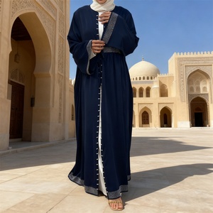 9.9 Nida Material Abaya Simple Luxury Diamond Pearls <b>Cardigan</b> With Side Pockets With Front Small Belt Eid Women Abaya 1402# - Product Image 2