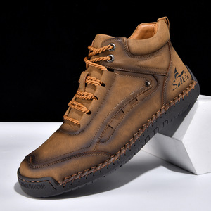 Botas de Tobillo Altas Cosidas a Mano en Cuero Genuino Azul, Zapatos Casuales de Senderismo Antideslizantes y Resistentes al Desgaste - Product Image 5