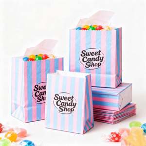 Sacs en papier kraft blanc et brun rayés personnalisés avec logo pour aliments, friandises, bonbons et sucettes - Product Image 1