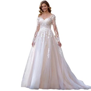 Elegant V-Neck Long Sleeve Tulle A-Line Wedding Dress With Lace Applique Natural Waistline Vintage Style - Product Image 5