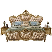 Lit double en bois massif de style européen en cuir véritable 1,8 m, design noble doré sculpté avec strass, fonction démontable, pour chambre à coucher