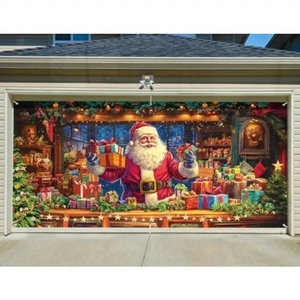 Bannière de Noël pour porte de <span class=keywords><strong>garage</strong></span>, Père Noël avec boîtes cadeaux, scène d'atelier avec sapin de Noël, housses de porte de <span class=keywords><strong>garage</strong></span> personnalisables, décoration de fête - Product Image 1