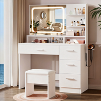 Ensemble de coiffeuse moderne pour chambre à coucher avec éclairage LED, miroir coulissant et grands tiroirs de rangement, table de maquillage pour filles