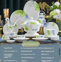 Service de table rétro en porcelaine blanche Green Lotus, vaisselle élégante en céramique à motifs floraux, compatible lave-vaisselle et four, idéal pour les dîners en famille