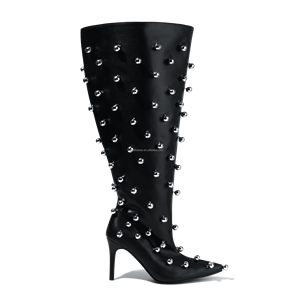 Bottes au genou en métal argenté à talons aiguilles pour femmes, bout pointu noir, bottes à bulles sexy en cuir clouté - Product Image 4