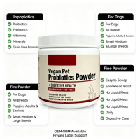 Poudre de Probiotiques Végétaliens pour Chiens : Soutien Digestif, Prébiotiques, Vitamines et Minéraux – Service OEM Marque Privée