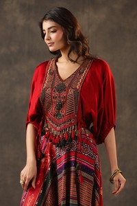 Robe longue de style kaftan brodée rouge, imprimé tribal, élégante, tenue ethnique pour fêtes, mariages, festivals, pour femmes - Product Image 2