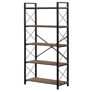 Industrial Bookshelf,5-Tier Vintage Bookcase Rustic Wood and Metal Shelving Unit,Display Rack Storage