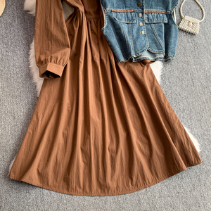 Conjunto de Vestido Tipo Camisero Marrón de Talla Grande para Mujer, Cintura Ajustable con Cordón, Cuello Redondo, <span class=keywords><strong>Chaleco</strong></span> <span class=keywords><strong>Vaquero</strong></span> para Combinar - Product Image 3