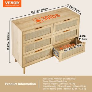 DB vente en gros Boho commode avec 7 tiroirs en rotin naturel commode de rangement spacieux pour chambre salon métal MDF Mate - Product Image 2