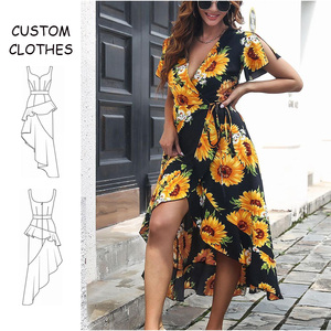 بيع بالجملة مخصص عارضة الصيف فضفاضة الخامس الرقبة قصيرة الأكمام طويلة اندلعت الأزهار طباعة عباد الشمس حزب اللباس النساء مع حزام - Product Image 1