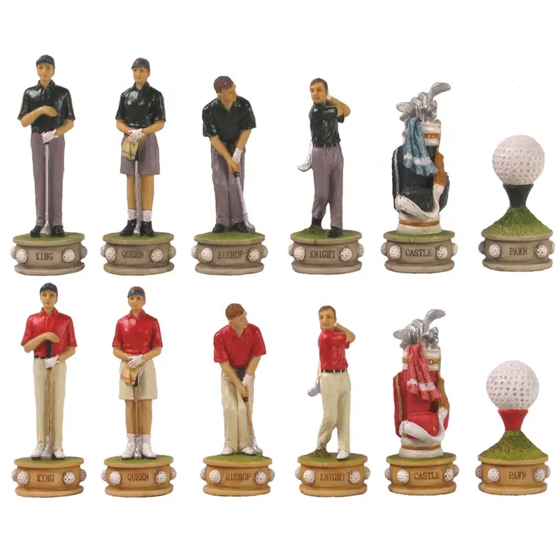 Personalizado atacado alta qualidade atletas em forma golfistas figura polyresin desportista xadrez peça resina golf xadrez peças set