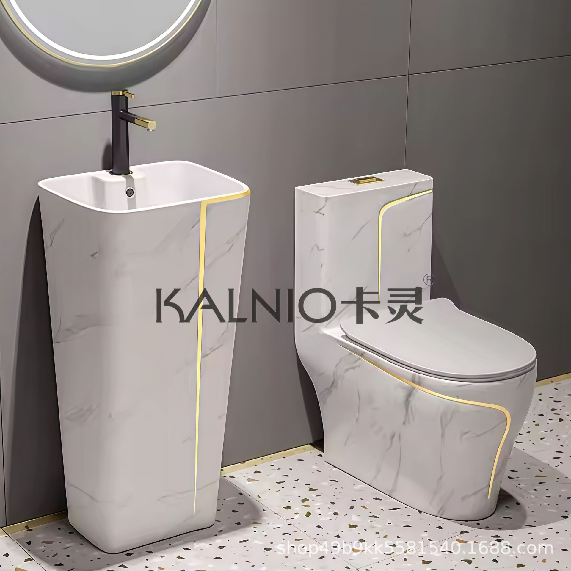 WC in pietra con filo in oro bianco + lavabo a colonna