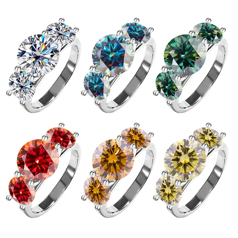 Pabrik grosir S925 perak murni Gra cincin Moissanite bersertifikat perhiasan pernikahan pertunangan 5ct Moissanite tiga cincin batu