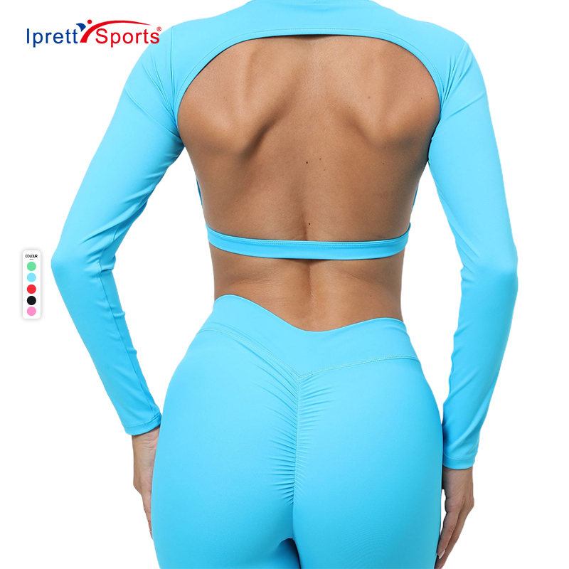 Top Sale Sexy Tight Gym Sport Workout Sportswear Fitness Clothing Long Sleeve Backless Neck Round Yoga Wear Crop Top for Women