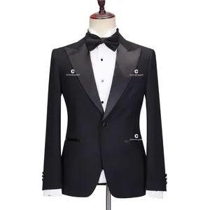 Cenne Des Graoom Men's 2 Piece Suit Black Satin Lapel Slim Fit Elegant Tuxedo Solid One Button Wedding Party Evening Dress