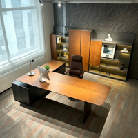 Bureau de direction en bois de luxe, bureau moderne en forme de L avec armoire de rangement latérale et tiroirs