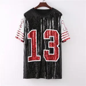 Personalizzato qualsiasi numero maglia sportiva casual con paillettes t shirt lunga con sfondo di paillettes abiti gonna numero 13 maglia di paillettes da donna - Product Image 2