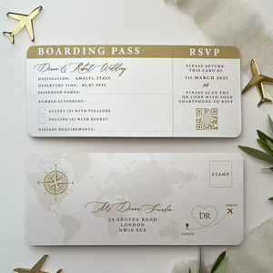 Ensemble d'invitations de mariage style passeport avec carte d'embarquement, décalcomanie avion dorée, noms personnalisés, cartes d'invitation pour mariage à destination - Product Image 5
