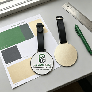 Étiquette de sac de <span class=keywords><strong>golf</strong></span> personnalisée en cuivre, fabriquée en Chine, durable, matériaux de haute qualité - Product Image 1