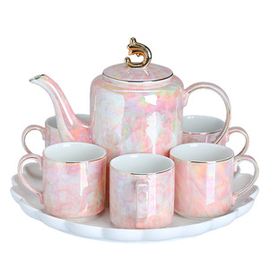 Ceramic cup set, souvenir teapot with <b>tea</b> <b>tray</b>, gold-edge coffee cup, home water cup and pot, new home gift set - Product Image 5