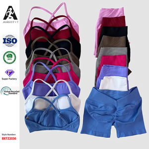 2-teiliges Set Damenkleidung Einfarbig Atmungsaktiv Nahtlos Geraffte Yoga-Shorts Rückenfreier Sport-BH Fitness Workout Top Gym-Outfit - Product Image 1