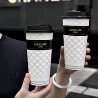 Nouvelle tasse à café en papier à double paroi de luxe personnalisée, écologique, avec logo en relief 3D, estampage doré à carreaux, imitation cuir, avec couvercle