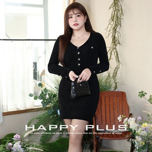 Robe moulante en maille chenille à col en V Happy Plus, grande taille, noir mystérieux, taille cintrée, boutons, couleur unie, style simple - Product Image 5